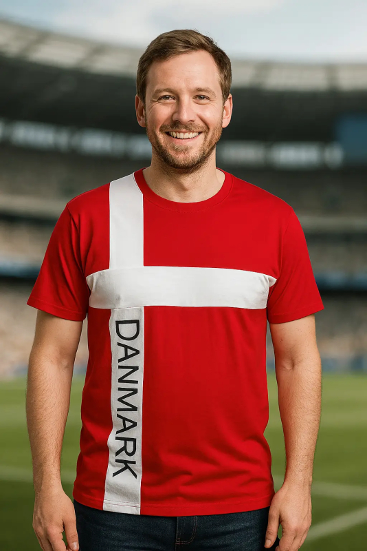 Mand i rød Danmark T-shirt med hvidt kors og sort skrift på stadion