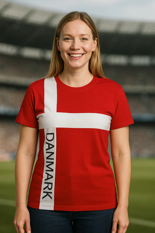 Kvinde iført rød Danmark T-shirt med hvidt kors og sort 