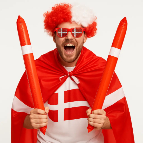 Glad dansk fan med dannebrogsbriller, paryk, cape og oppustelige klappere.