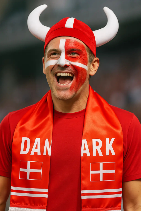 Roligan mand med Dannebrogsfarver i ansigtet, vikingehjelm og halstørklæde med Danmarks flag