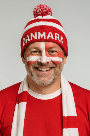 Glad dansk fodboldfan med Danmarks flag malet i ansigtet og Dannebrog hue