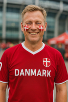 Mand iført Danmark fodboldtrøje og ansigtsmaling med Dannebrog for at støtte det danske landshold