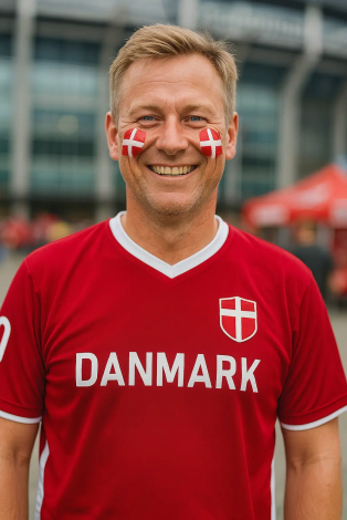 Mand iført Danmark fodboldtrøje og ansigtsmaling med Dannebrog for at støtte det danske landshold