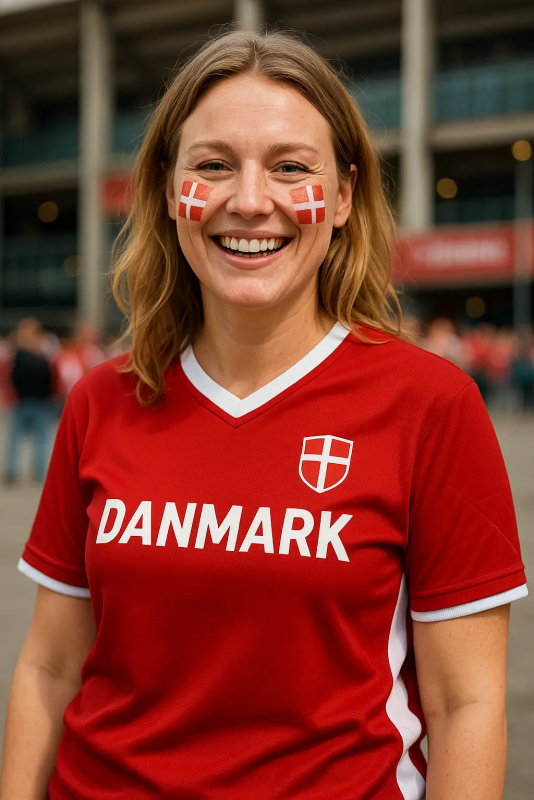 Kvinde med Dannebrog malet på kinderne iført Danmark fodboldtrøje
