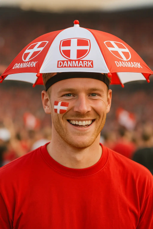 Mand med Danmark paraplyhat og ansigtsmaling til salg på roligan.dk