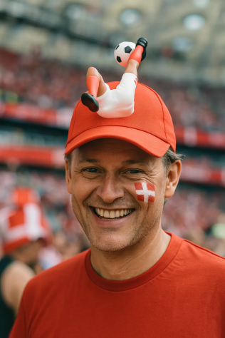 Glad dansk fodboldfan med Dannebrog malet på kinden og hat med fodboldspiller