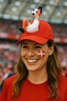 Glad dansk roligan med Dannebrog på kinden og rød kasket med 3D fodboldspiller.