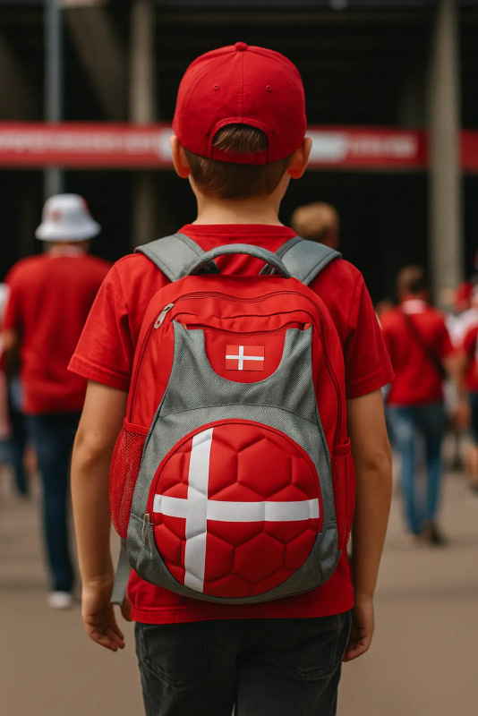 Dreng med rygsæk med Dannebrog-design, klar til at heppe på Danmark