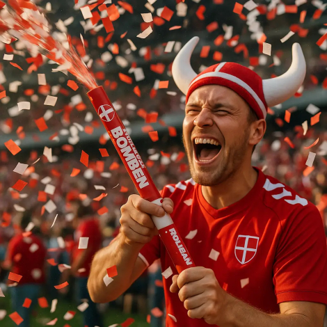 Mand i rød trøje med vikingehat jubler med konfettirør