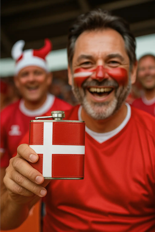 Glad dansk roligan viser lommelærke med dannebrog