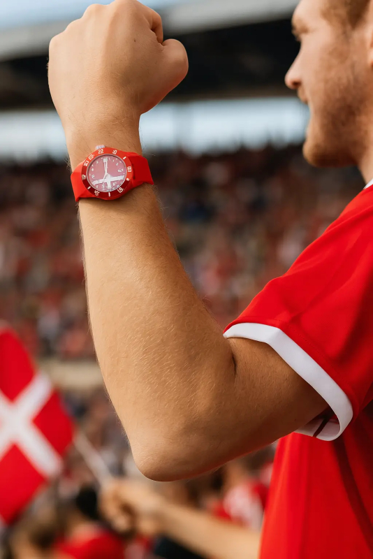 Roligan med Danmark armbåndsur hepper på Danmarks fodboldhold på stadion