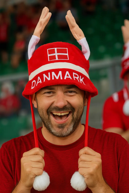 Glad mand med sjov Danmark hat på til fodboldkamp