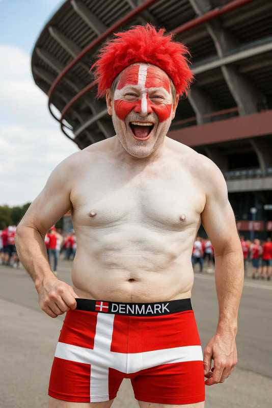 Mand iført Danmark underbukser og ansigtsmaling med Dannebrog foran stadion