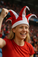 Person med rød og hvid narhat med klokker, smilende, omgivet af en menneskemængde.