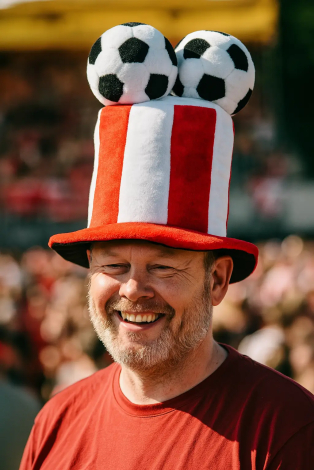 Glad mand med Danmarks roligan hat med fodbolde på til landskamp