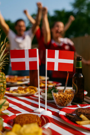 To danske flag på hvide standere på bord med mad, drikke og fejring i baggrunden.