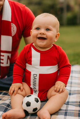 Baby i Danmark bodystocking med fodbold på et tæppe smilende