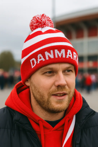 Mand med rød Danmark hue, der støtter det danske landshold