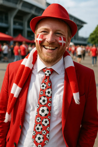 Mand i rød dragt og slips med fodbolde, smilende med Dannebrog malet på kinderne.