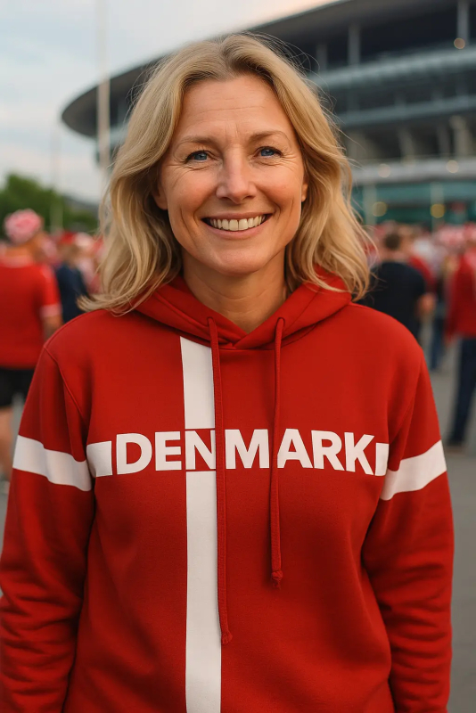 Blond kvinde iført Dannebrog hættetrøje foran et stadion