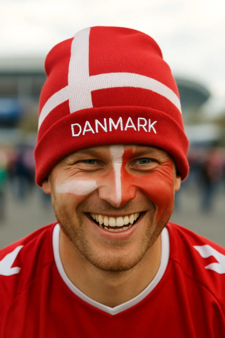 Glad dansk fodboldfan med dannebrogsfarver i ansigtet og Danmark hue