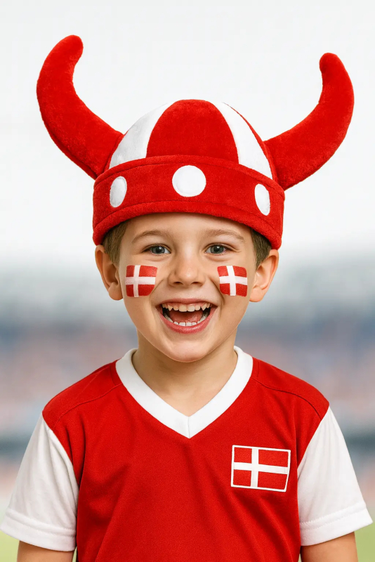 Dreng med Dannebrog ansigtsmaling og vikingehjelm, iført en rød og hvid Danmark T-shirt