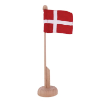 Dannebrog bordflag på træ-lignende stander og rund base.