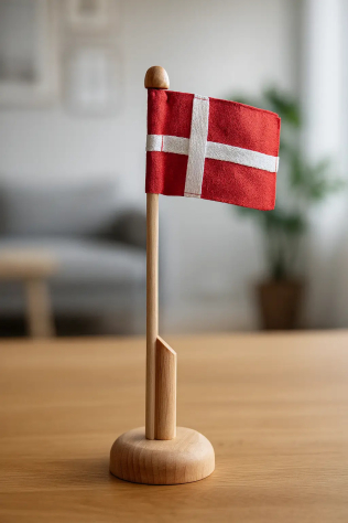 Dannebrog bordflag med rød-hvidt stof på træstander og rund base.