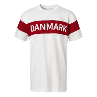 Hvid T-shirt med rød stribe og teksten