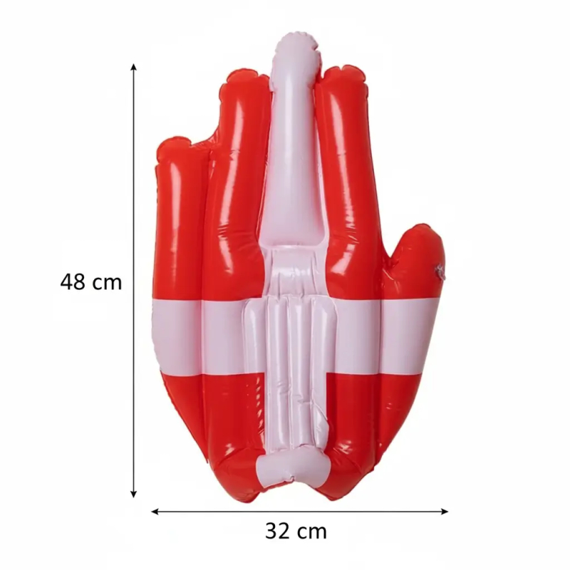 Oppustelig hånd med Dannebrog design og målene 48 cm. x 32 cm