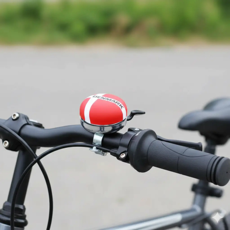Cykel ringeklokke med Dannebrog design påsat et cykelstyr