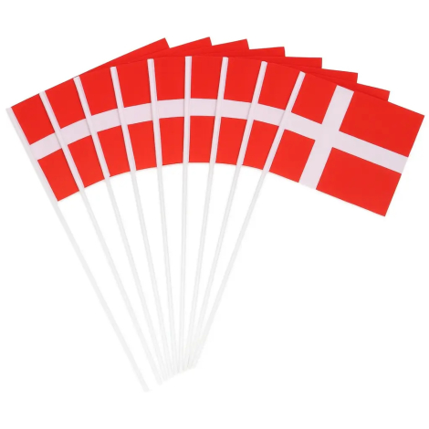 10 stk. danske dannebrogsflag på plast pind