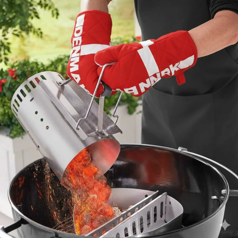 Grillhandske med Dannebrog – rødt og hvidt BBQ vantesæt