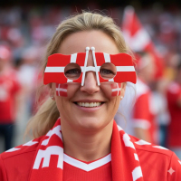 Roligan kvinde med dannebrog briller i rød og hvid