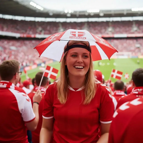 Dansk roligan kvinde med danmark paraply hat i rød og hvid