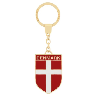 Nøglering Dannebrog i metal med skjoldformet vedhæng med dansk flag og DENMARK på både skjold og ring