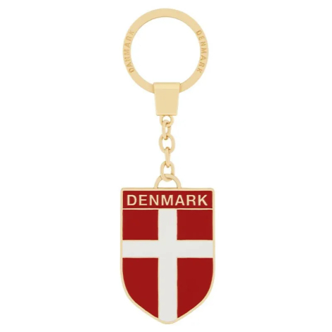 Nøglering Dannebrog i metal med skjoldformet vedhæng med dansk flag og DENMARK på både skjold og ring