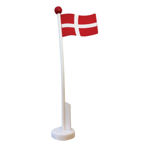 Dannebrog bordflag med rød flag og hvidt kors, på hvid stang med rød kugle og rund base.