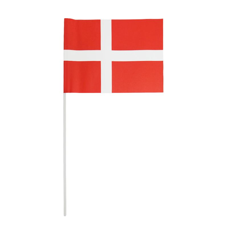 Dannebrog vifteflag med rød baggrund, hvidt kors på hvid pind. Designet som håndholdt flag.