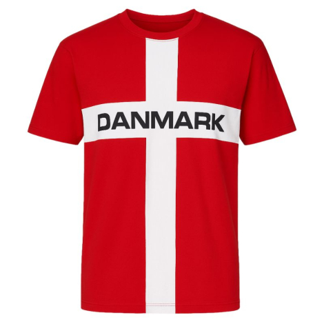 Rød T-shirt med hvidt kors som Danmarks flag og teksten 