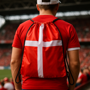 Danmark gymnastikpose med snøre i rød og hvid – one size forfra