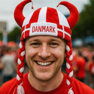 Rød og hvid vikingehjelm til Danmark fanfest – set forfra