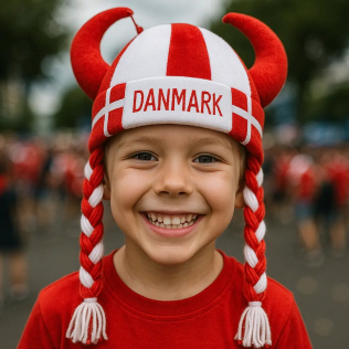 Sød dansk dreng med en rød og hvid viking hat på, hvor der står 