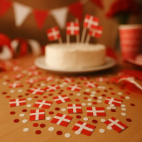 Konfetti med danske flag – rød og hvid flagkonfetti forfra