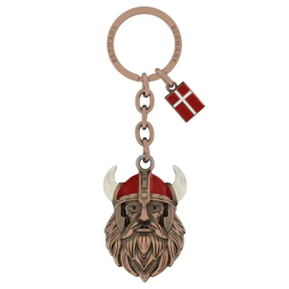 Viking nøglering i bronzefinish med detaljeret vikingehoved, rød hjelm med horn og et lille Dannebrog-vedhæng. Produktfoto på hvid baggrund.