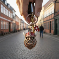 Hånd der holder en nøglering med et bronzefarvet vikingehoved og et lille Dannebrog-vedhæng. Nøgleringen hænger foran en brostensbelagt dansk gade med farverige huse i baggrunden. Fokus er på viking nøgleringen
