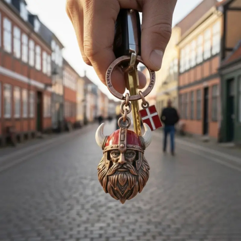 Hånd der holder en nøglering med et bronzefarvet vikingehoved og et lille Dannebrog-vedhæng. Nøgleringen hænger foran en brostensbelagt dansk gade med farverige huse i baggrunden. Fokus er på viking nøgleringen