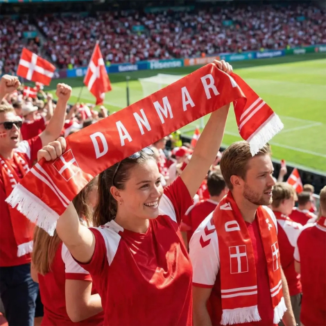 En glad kvindelig roligan fan holder et rødt satin fodboldhalstørklæde med teksten 'DANMARK' og Dannebrog-flag højt i vejret på et solbeskinnet og fyldt stadion.