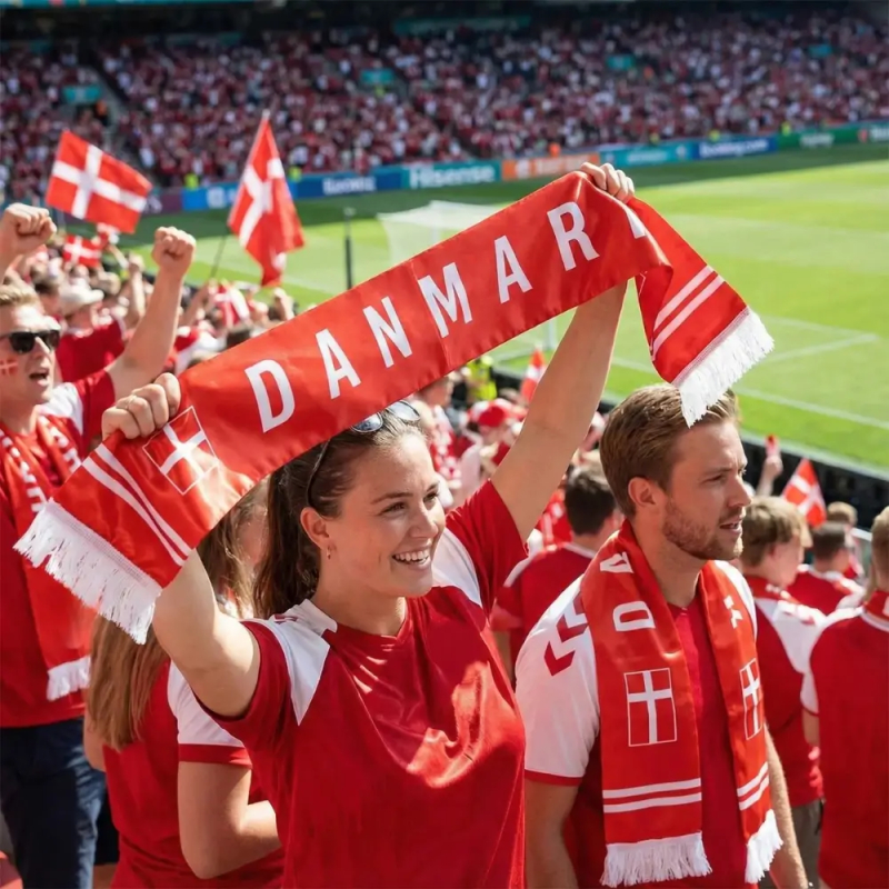 En glad kvindelig roligan fan holder et rødt satin fodboldhalstørklæde med teksten 'DANMARK' og Dannebrog-flag højt i vejret på et solbeskinnet og fyldt stadion.