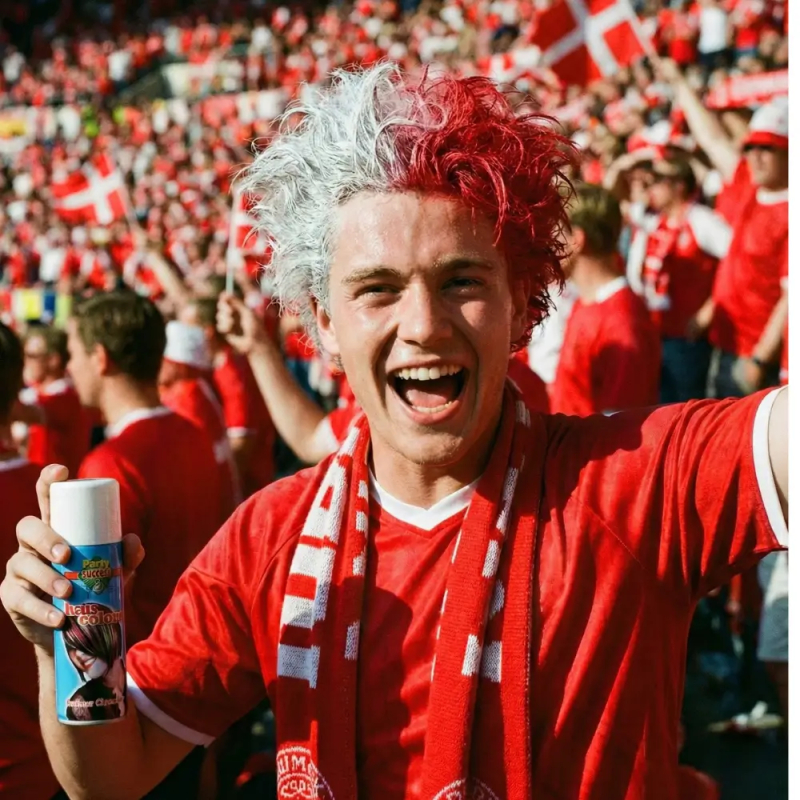 Glad dansk roligan fan på stadion med hår farvet rødt og hvidt som Dannebrog, der holder en dåse hvid hårspray.